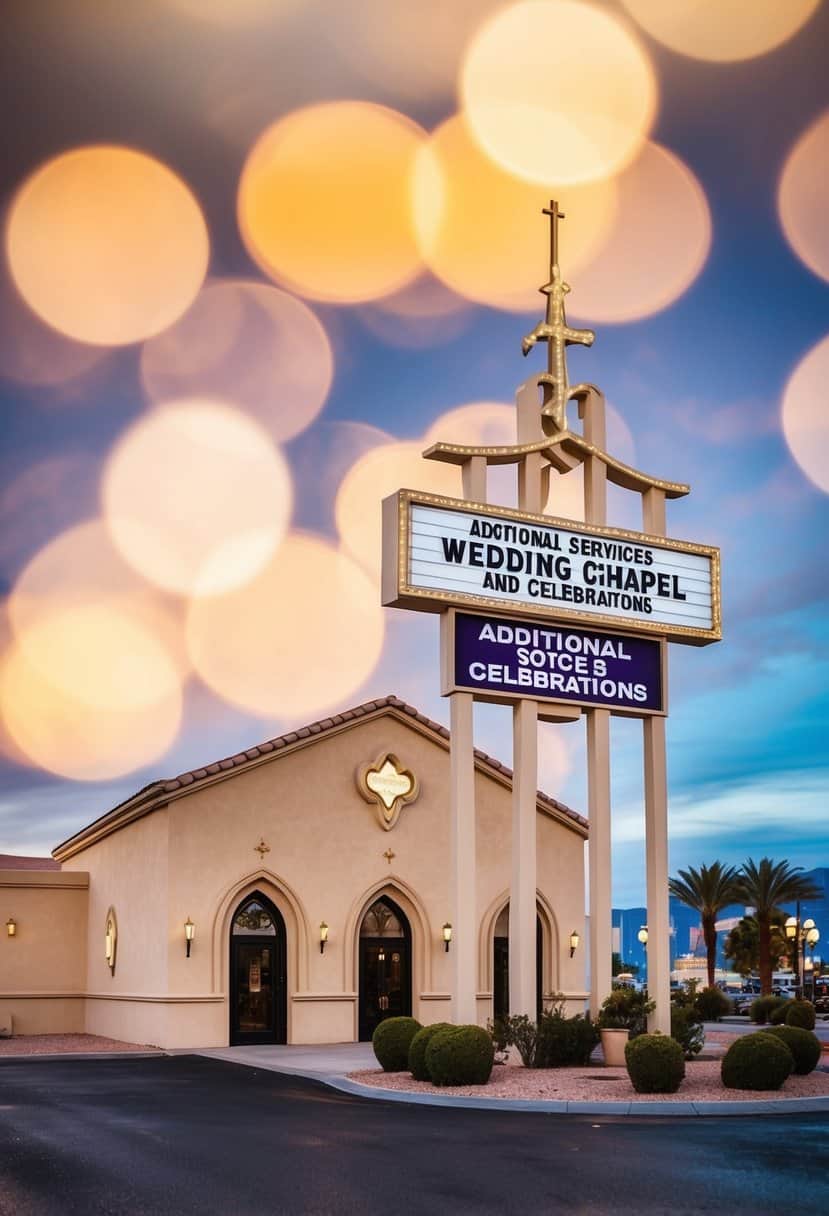 A wedding chapel in Vegas with a sign advertising "Additional Services and Celebrations."