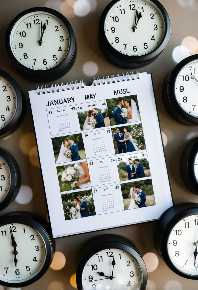 A calendar with wedding-related images and symbols, surrounded by clocks set to different times, representing the importance of planning and timing for a wedding