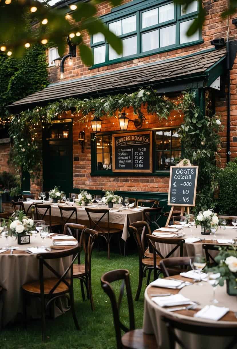 A rustic pub with wedding decor, surrounded by greenery and twinkling lights. Tables set for a reception, with a chalkboard sign displaying cost comparisons