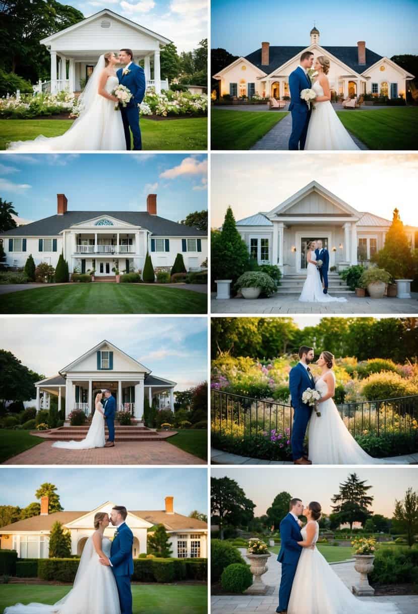 A bride and groom stand before a variety of wedding venues, each with its own unique charm and ambiance. The couple considers the impact of their chosen date on each location