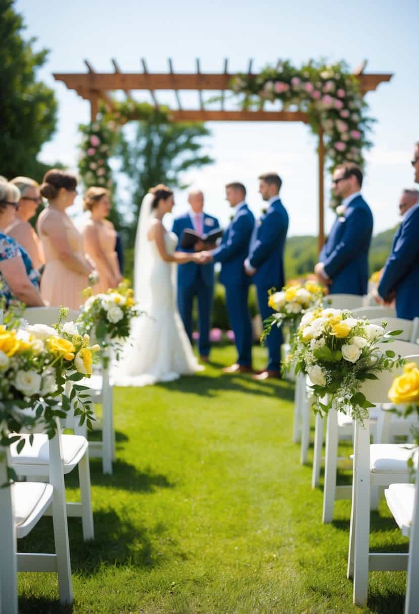 A sunny outdoor wedding ceremony in June, with blooming flowers and a picturesque setting