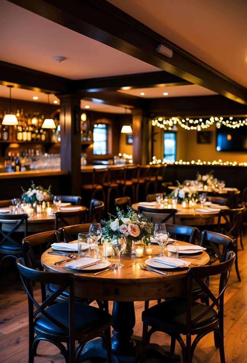 A cozy pub interior with rustic decor, dim lighting, and a charming bar area. Tables are set for a wedding reception, with floral centerpieces and twinkling fairy lights creating a warm and inviting atmosphere