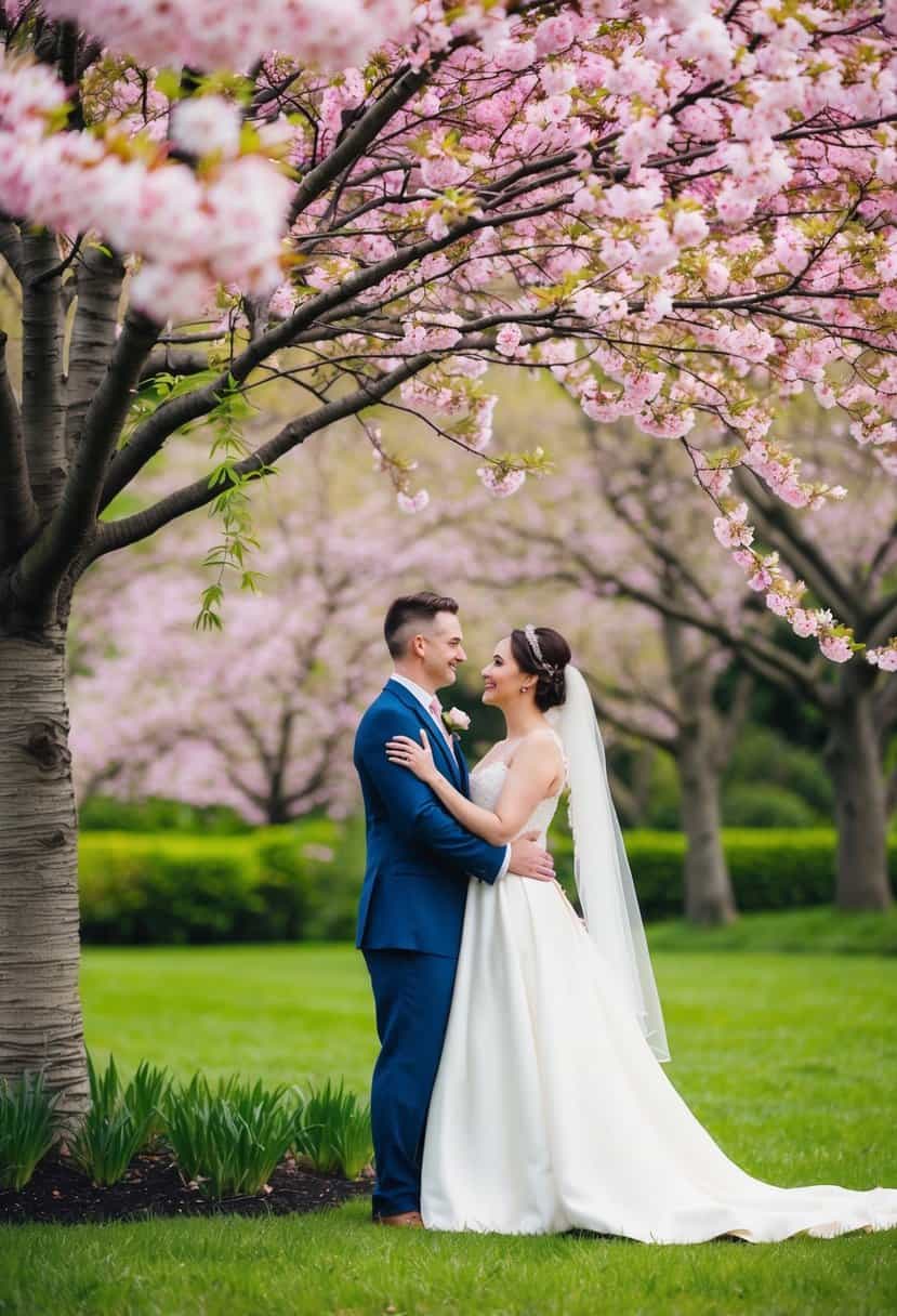 A bride and groom stand under a blooming cherry blossom tree in spring, with vibrant colors and fresh greenery surrounding them