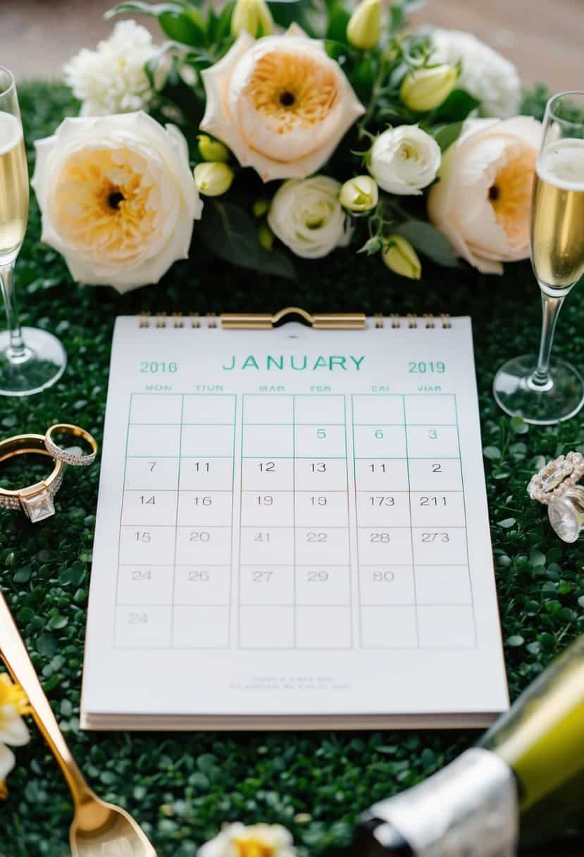 A calendar with highlighted dates, surrounded by wedding-related items such as rings, flowers, and champagne glasses