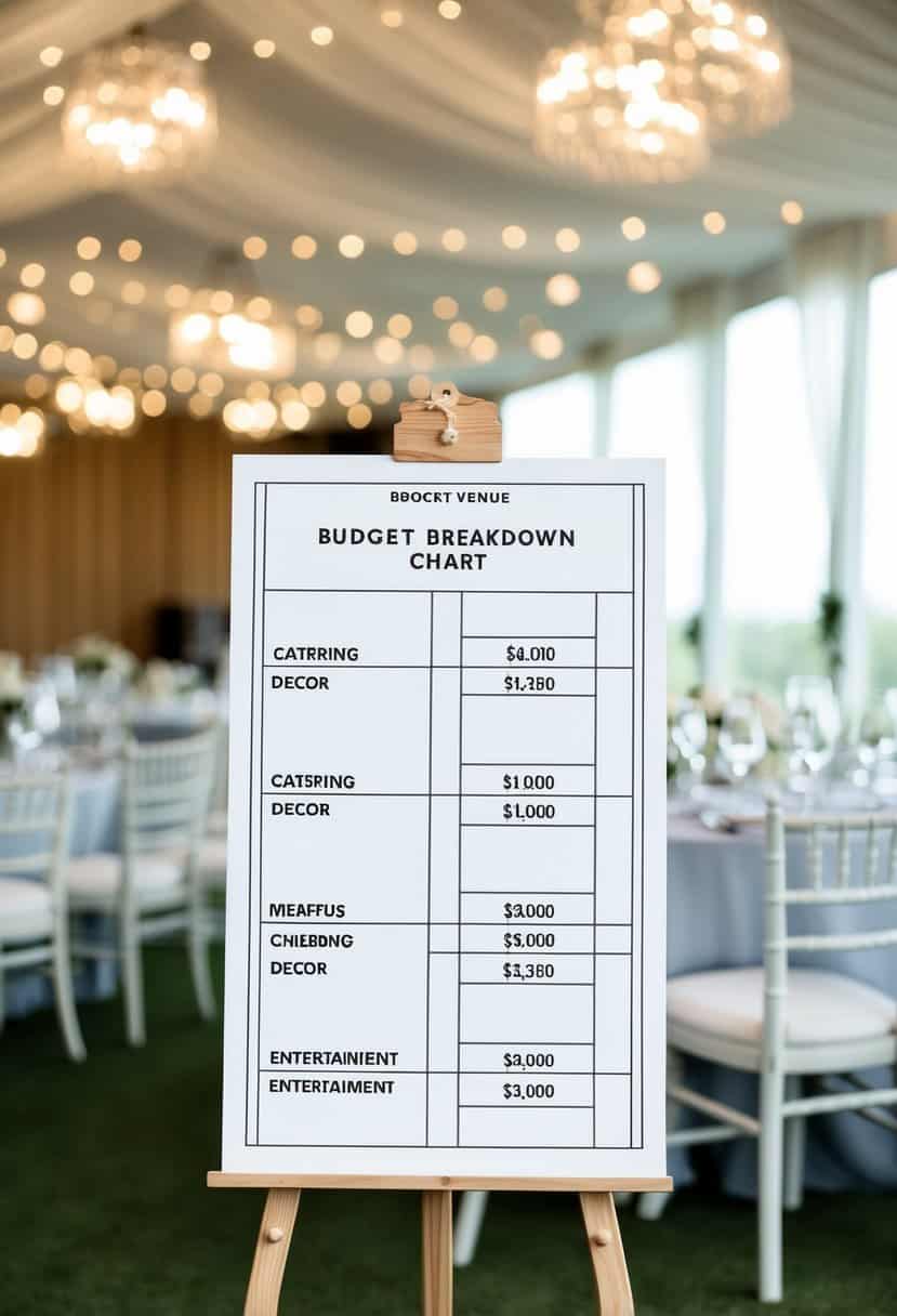 A wedding venue with a budget breakdown chart showing different aspects like catering, decor, and entertainment