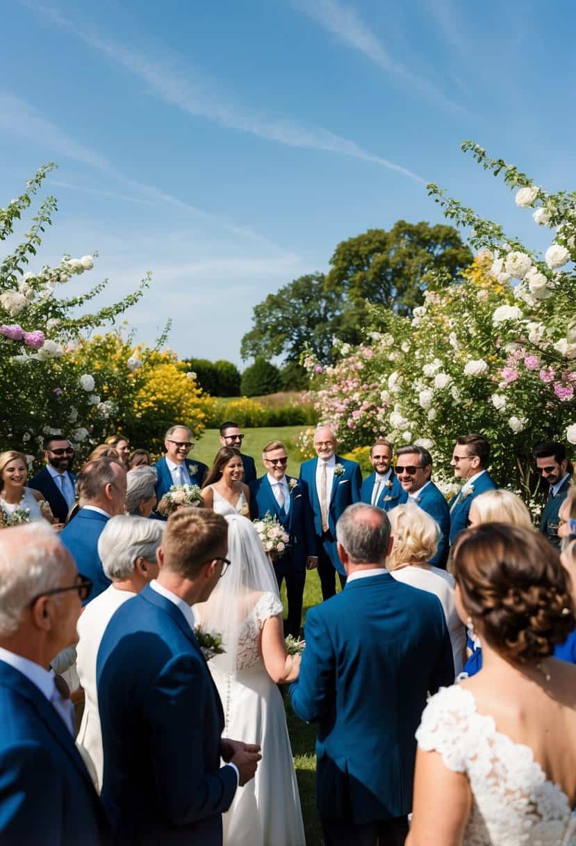 A sunny outdoor wedding in June with blooming flowers and a clear blue sky, surrounded by happy guests