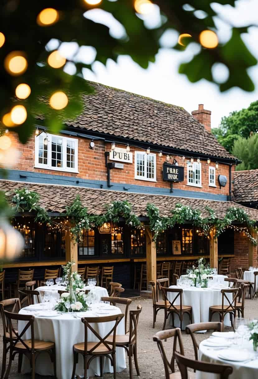 A rustic outdoor wedding venue with a charming pub setting. Tables and chairs are set up for a reception, with fairy lights and greenery decorating the space