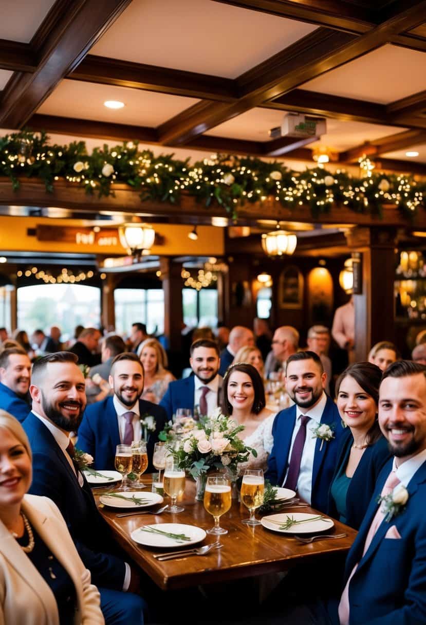 A festive pub setting with a wedding reception in full swing, featuring a cozy and intimate atmosphere with cheerful guests and a beautifully decorated space