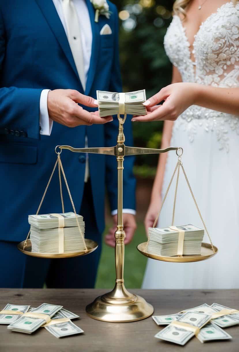 A bride and groom stand on opposite sides of a scale, each holding a stack of money. The scale is perfectly balanced, symbolizing the equal split of wedding costs