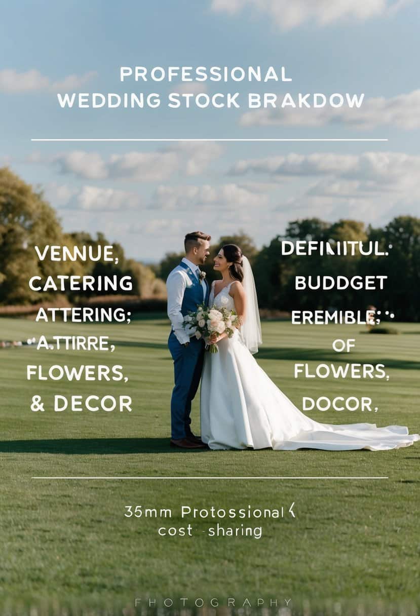 A wedding scene with a budget breakdown: venue, catering, attire, flowers, and decor. Couples discuss cost-sharing