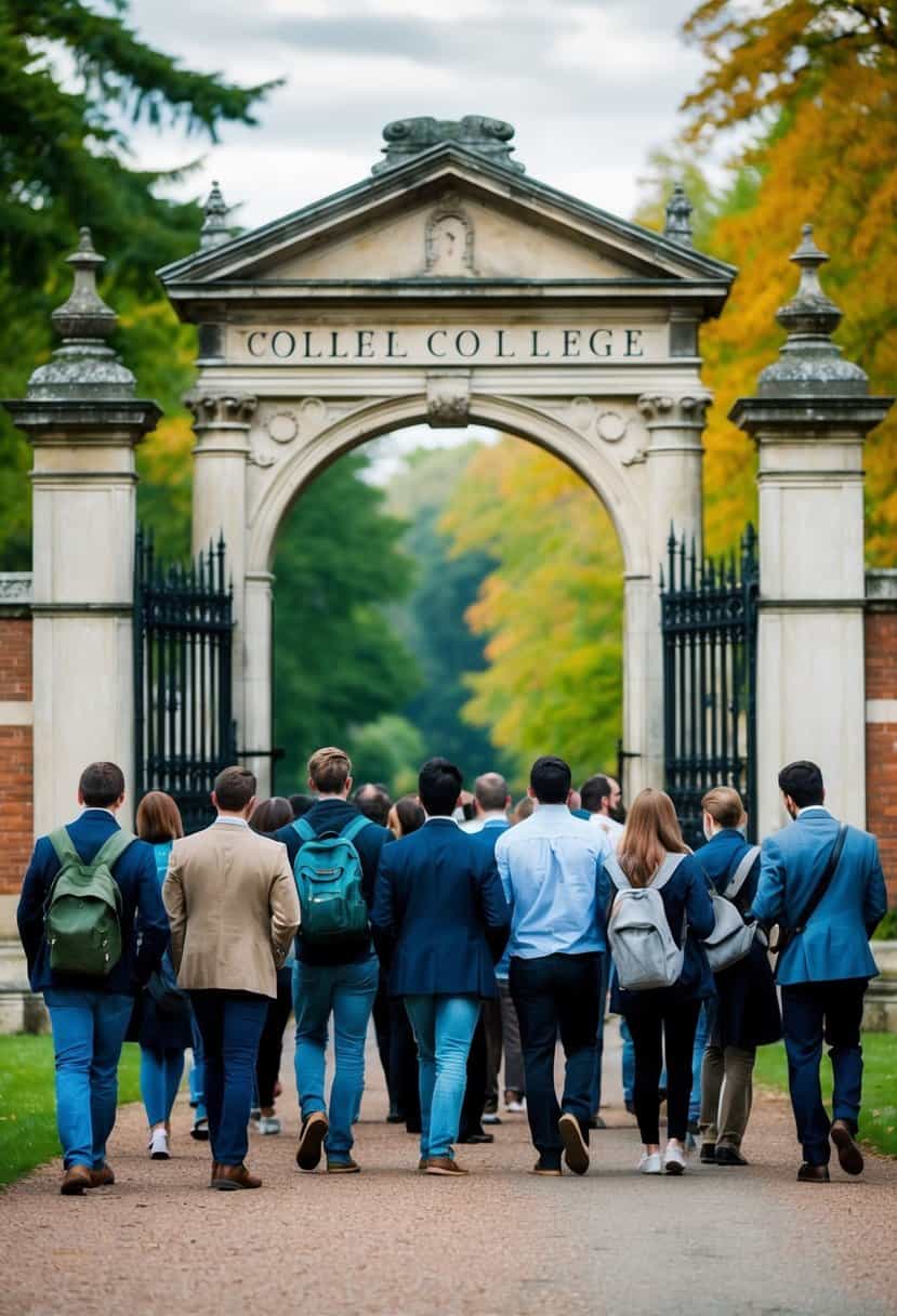 A line of hopeful applicants outside a grand, ancient college gate