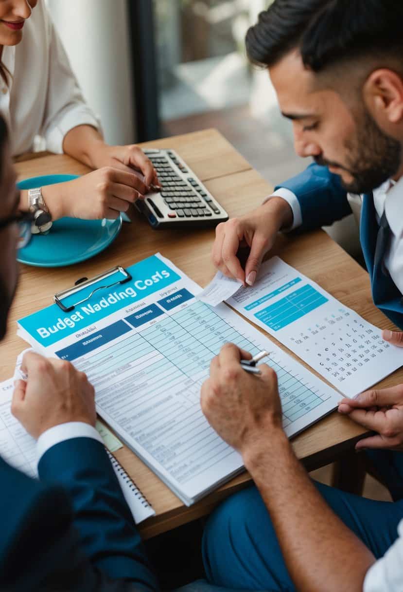 A couple sits at a table with a budget spreadsheet, dividing wedding costs. They organize receipts and make notes on a calendar