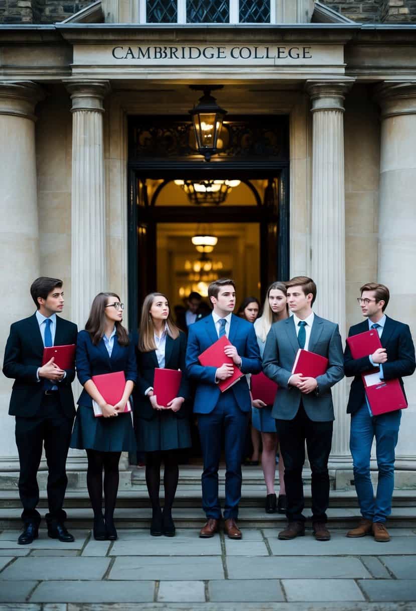 A line of students anxiously waiting outside the grand entrance of a prestigious Cambridge college, clutching their application folders and exchanging nervous glances