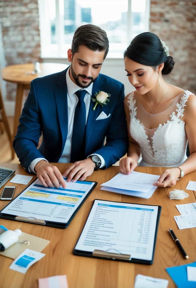 A couple sits at a table with a spreadsheet, dividing wedding expenses. They discuss and calculate costs, with various wedding-related items and receipts scattered around them