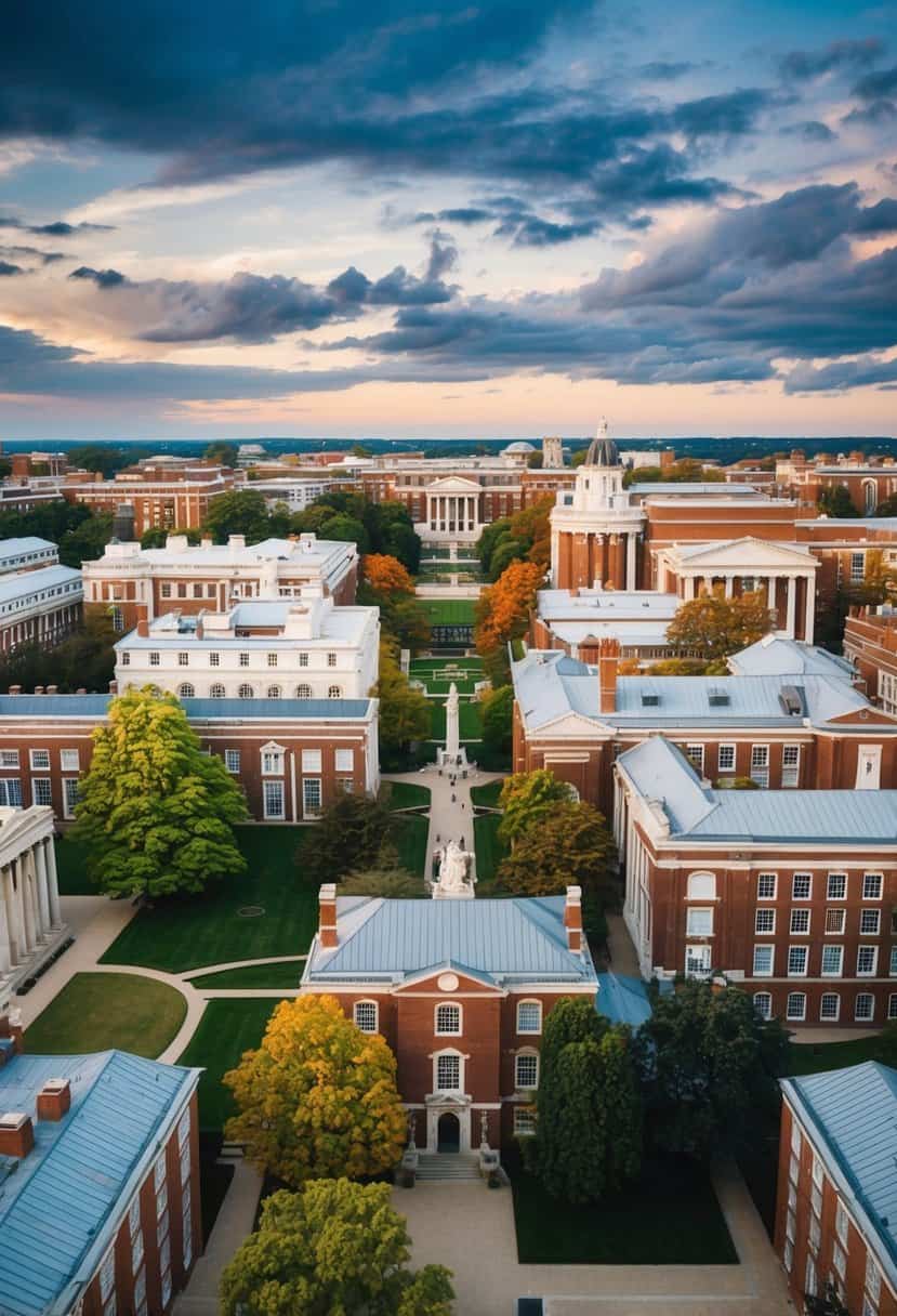 A bustling Cambridge college campus with diverse academic buildings and students engaged in various specialized studies