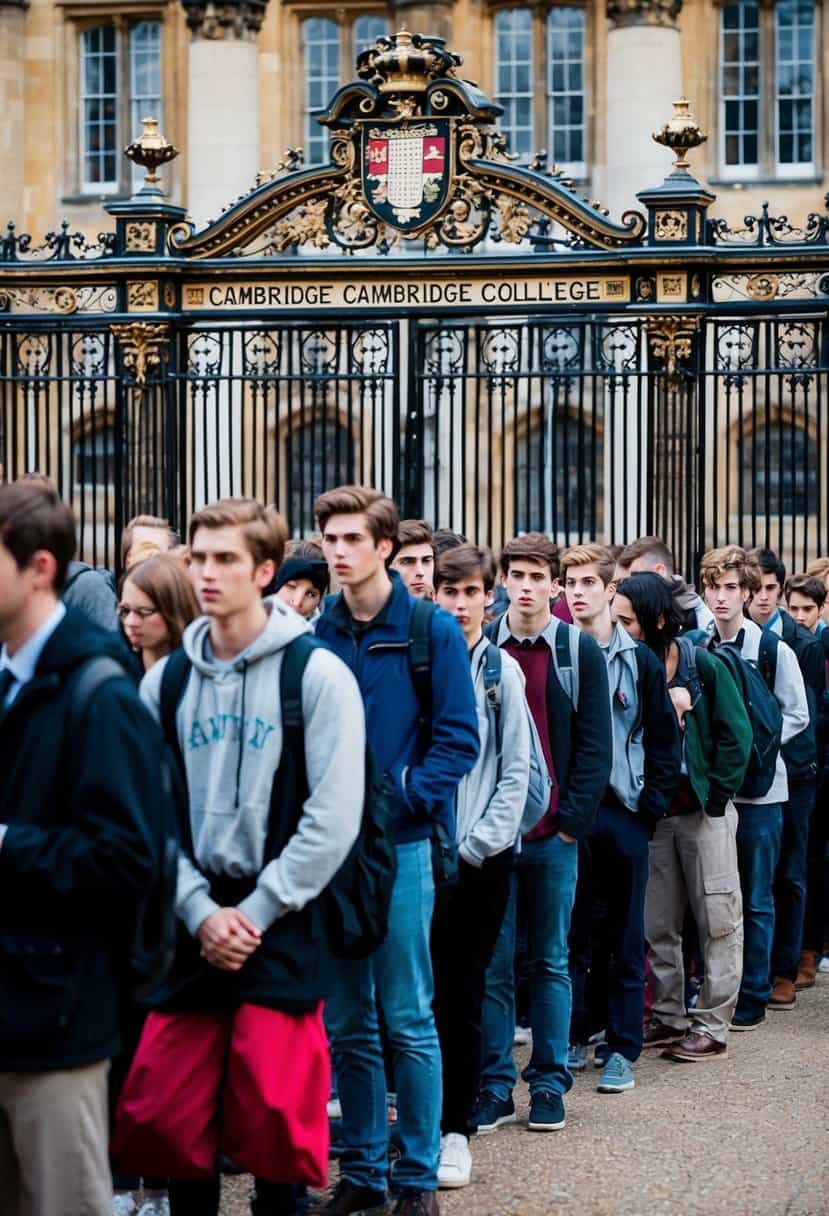 A line of students waits in front of a grand, ornate gate, each hoping to gain entry to the prestigious Cambridge college. The atmosphere is tense, with a mix of determination and anxiety visible on their faces