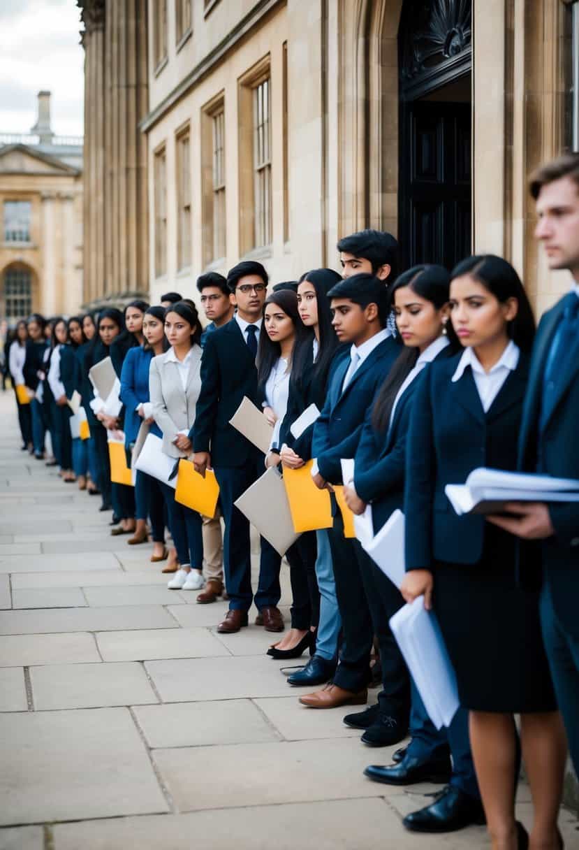 A long line of hopeful applicants waiting outside the grand entrance of a prestigious Cambridge college, with anxious faces and folders of impressive credentials