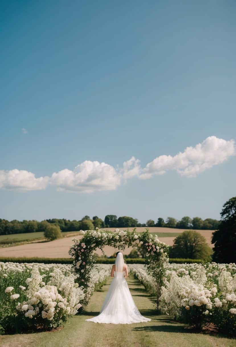 A picturesque countryside wedding in June, with blooming flowers and a clear blue sky