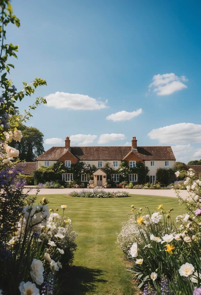 A picturesque countryside wedding venue in the UK, with blooming flowers and a clear, sunny sky, perfect for a summer wedding