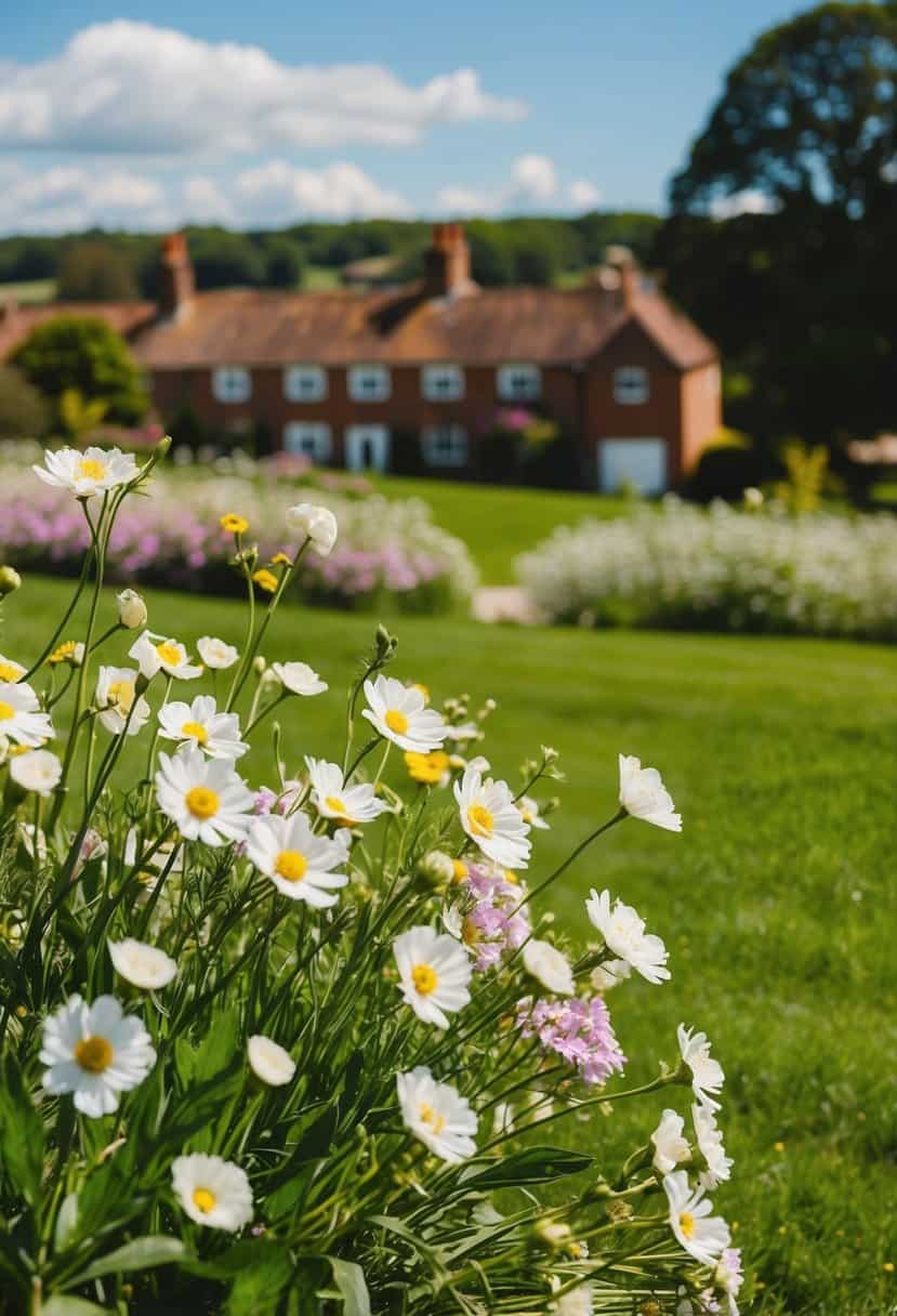 A sunny June day in the UK, with blooming flowers and a picturesque countryside backdrop, would make for a perfect wedding scene