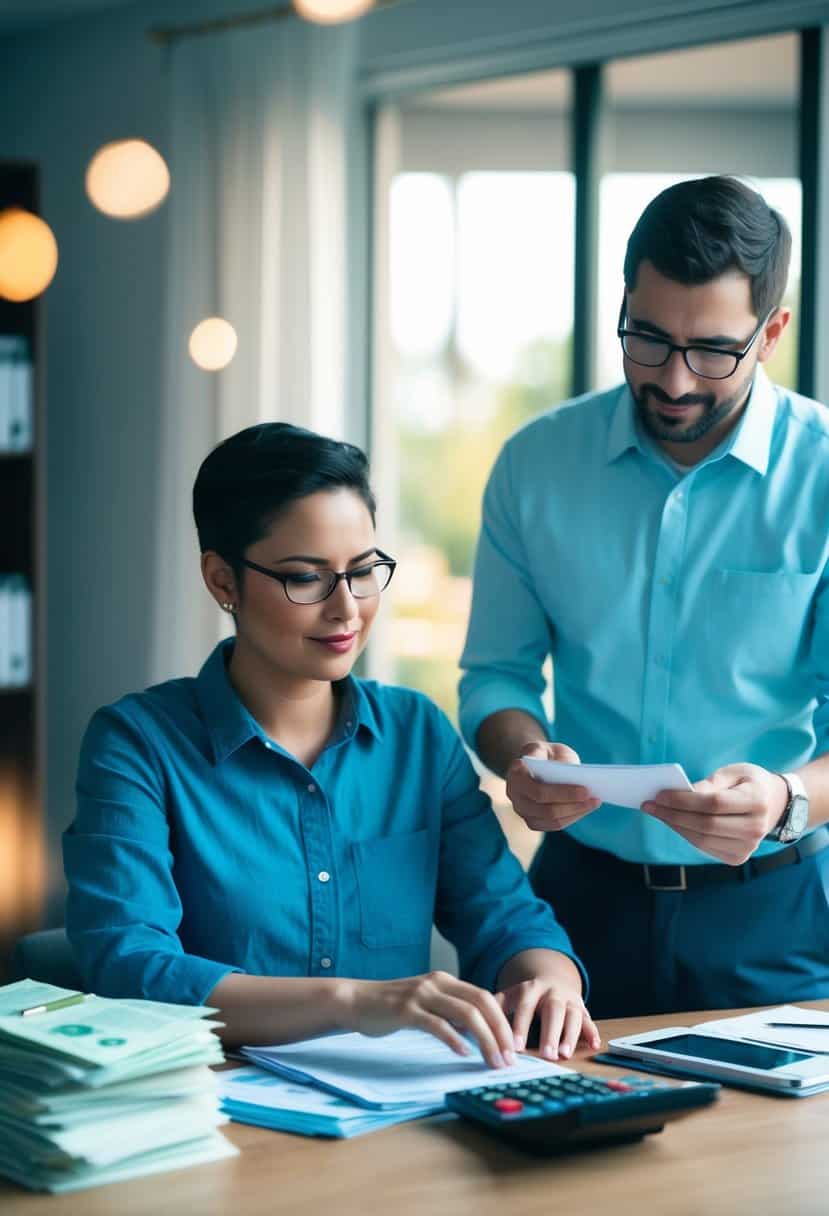 A single person sitting at a table with a stack of bills and a calculator, while a married couple stands together reviewing their shared finances