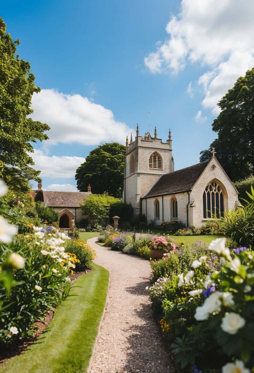 A picturesque countryside wedding scene in the UK, with blooming flowers in a lush garden, a charming stone church, and a clear blue sky overhead