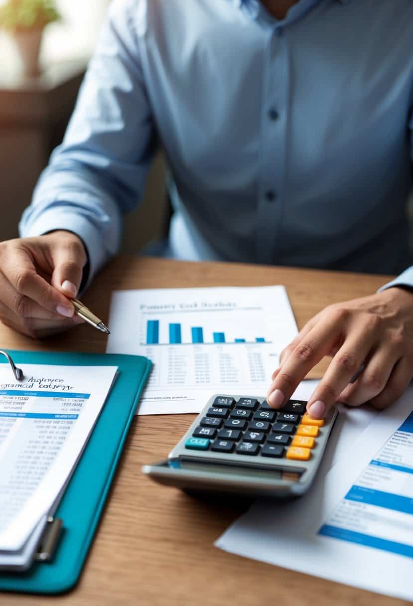 A person sitting at a desk with a calculator and financial documents, pondering over the 3-month salary rule for engagement ring budgeting