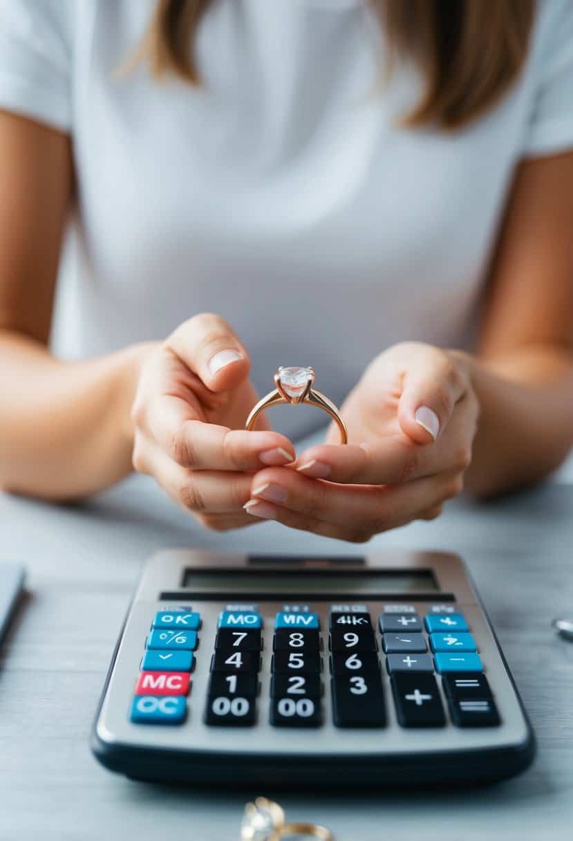 A person holding a ring while looking at a calculator displaying three months' salary. A diamond ring is displayed in the foreground