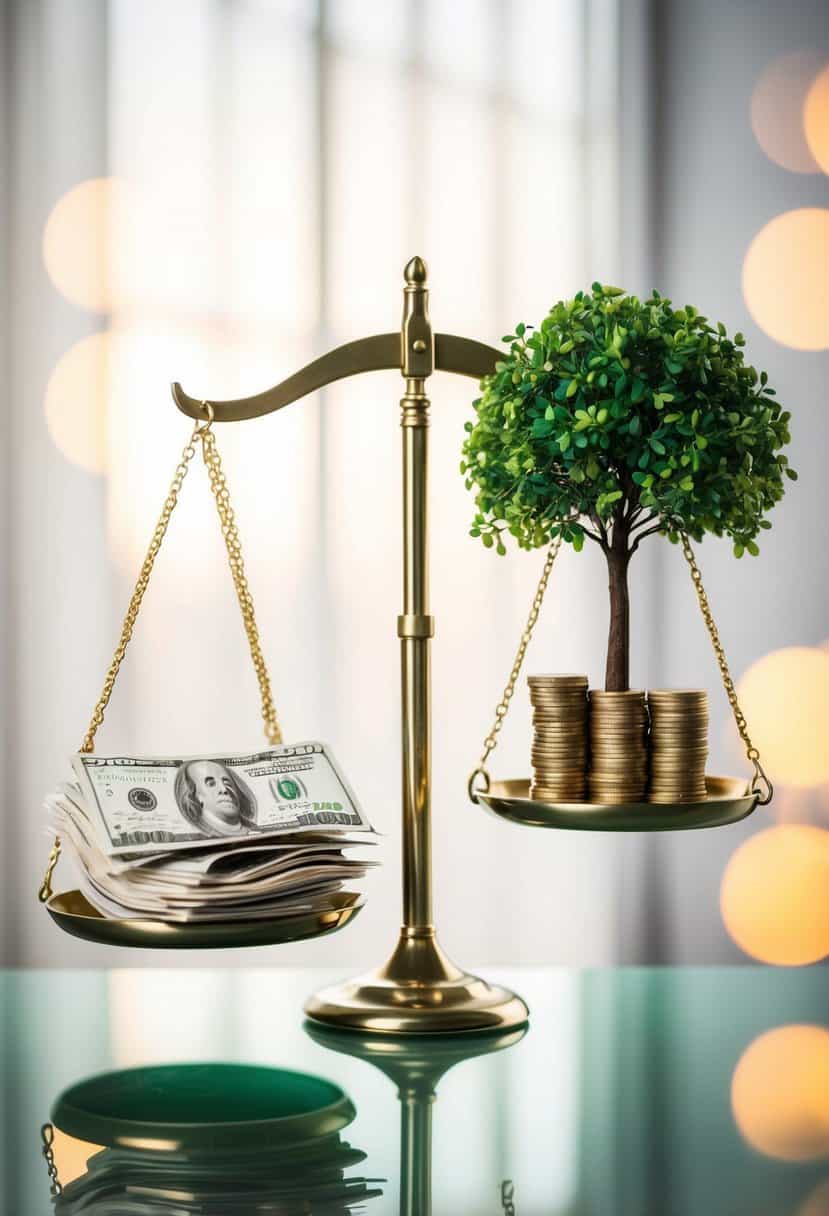 A scale with one side weighted down by bills and the other side lifted by a stack of coins and a growing tree symbolizing investments