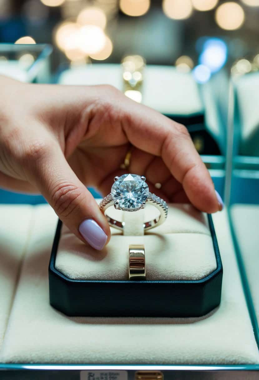 A hand holding an engagement ring with a large diamond, surrounded by smaller diamonds, in a jewelry store display case