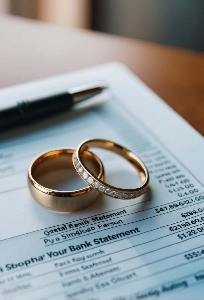 A wedding ring and a single person's bank statement side by side on a table