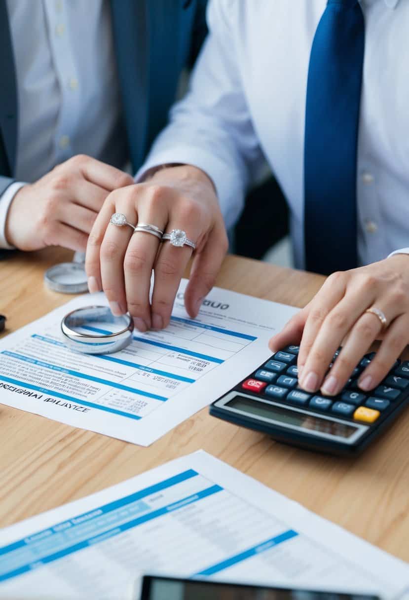 A couple comparing wedding rings and insurance plans at a table with financial documents and a calculator