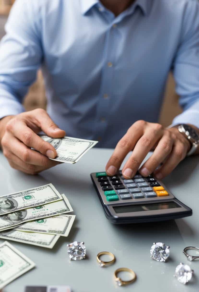 A man holds a paycheck and a calculator, pondering the 3-month salary rule for engagement rings. Diamond rings and price tags are scattered across the table