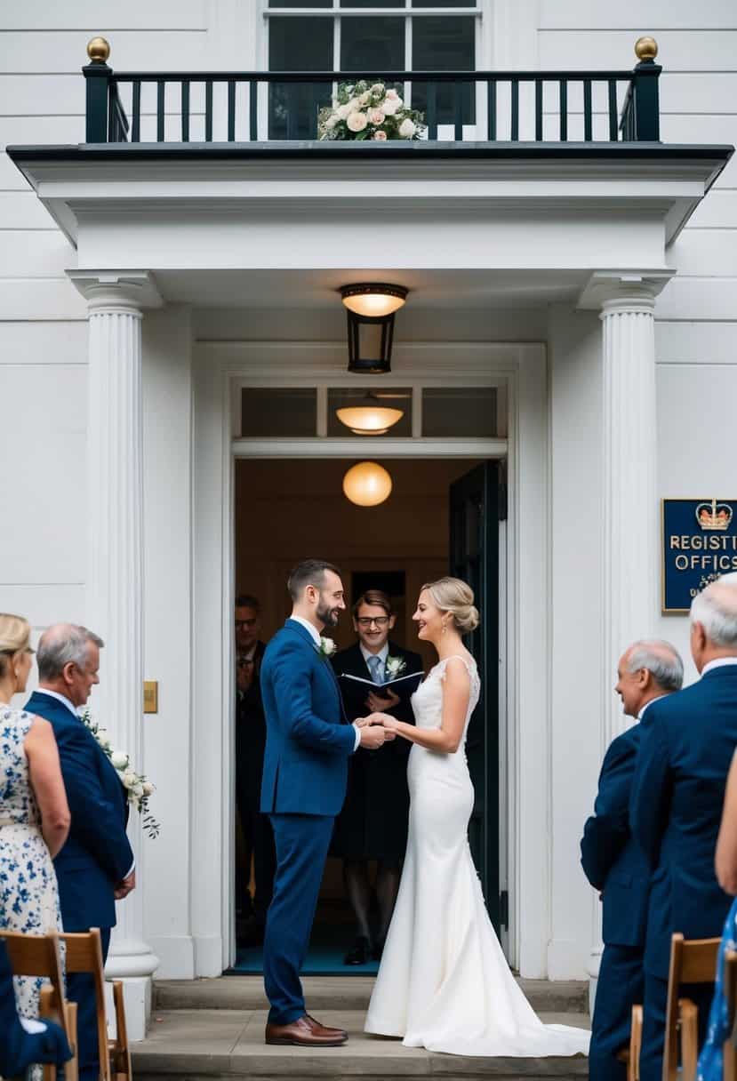 A couple stands at the entrance of a registry office, exchanging vows as a small group of onlookers watches from a distance. The building is simple and elegant, with a sign indicating the office's purpose