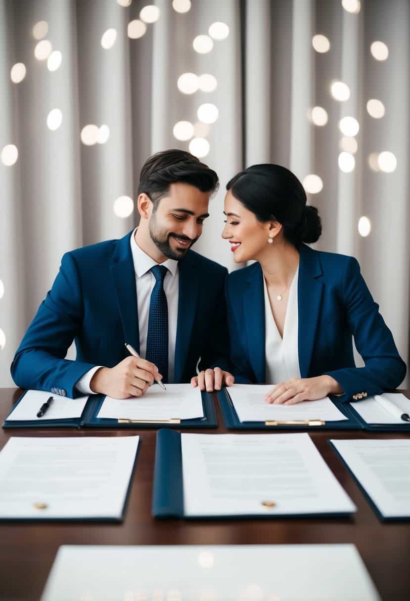 A couple sits at a table with a pen and papers, surrounded by official documents and a simple, elegant backdrop