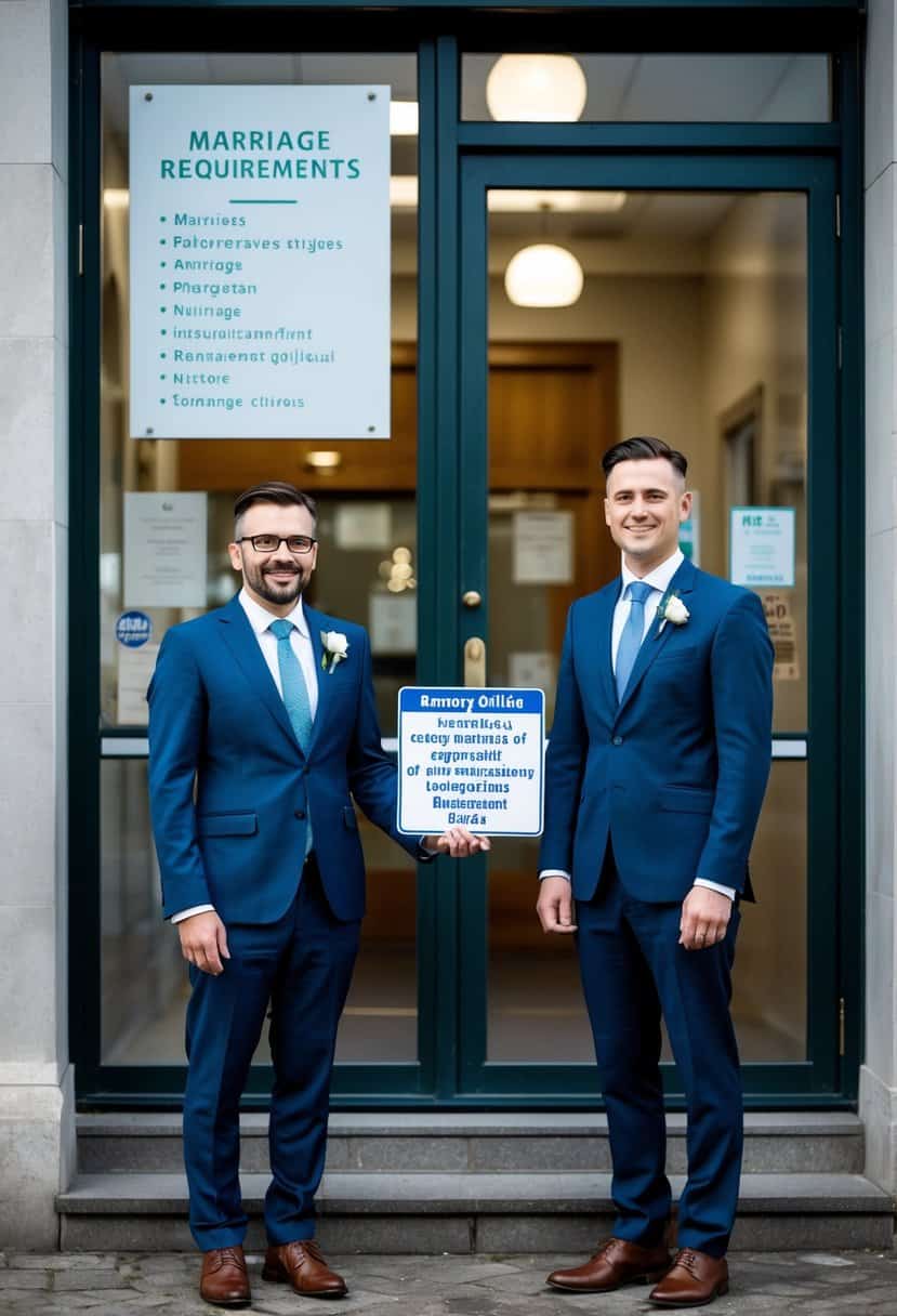 A couple standing in front of a registry office, with a sign displaying marriage requirements and eligibility criteria