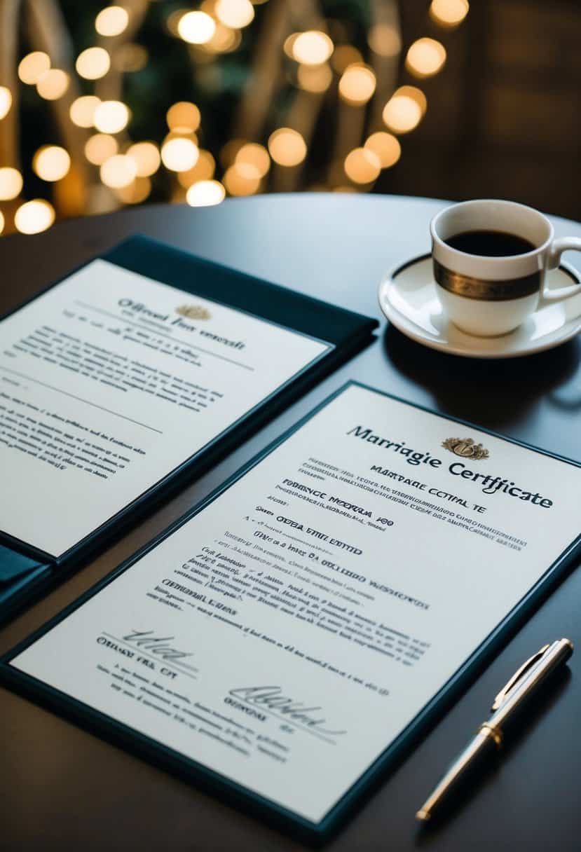 A table with official documents, a pen, and a marriage certificate