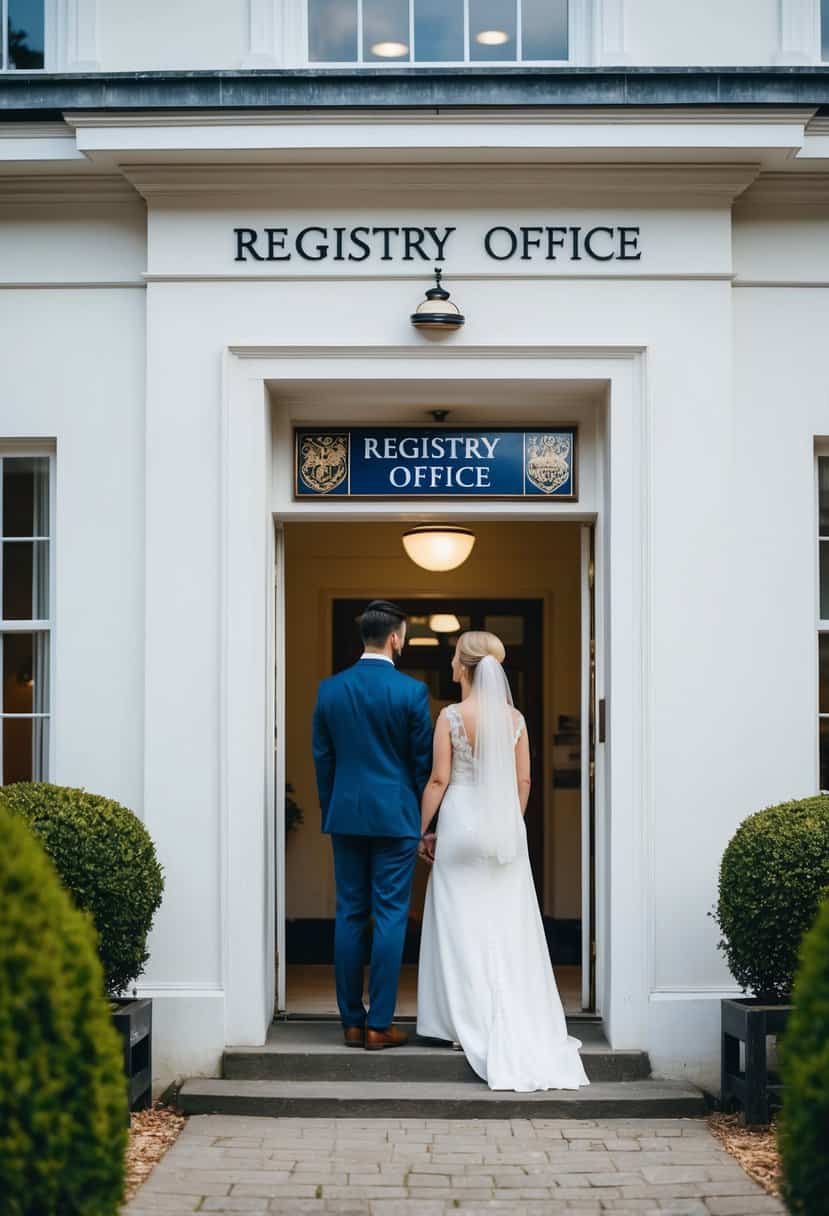 A couple stands at the entrance of a registry office, looking at the building's sign. The building is simple and elegant, with a small garden out front