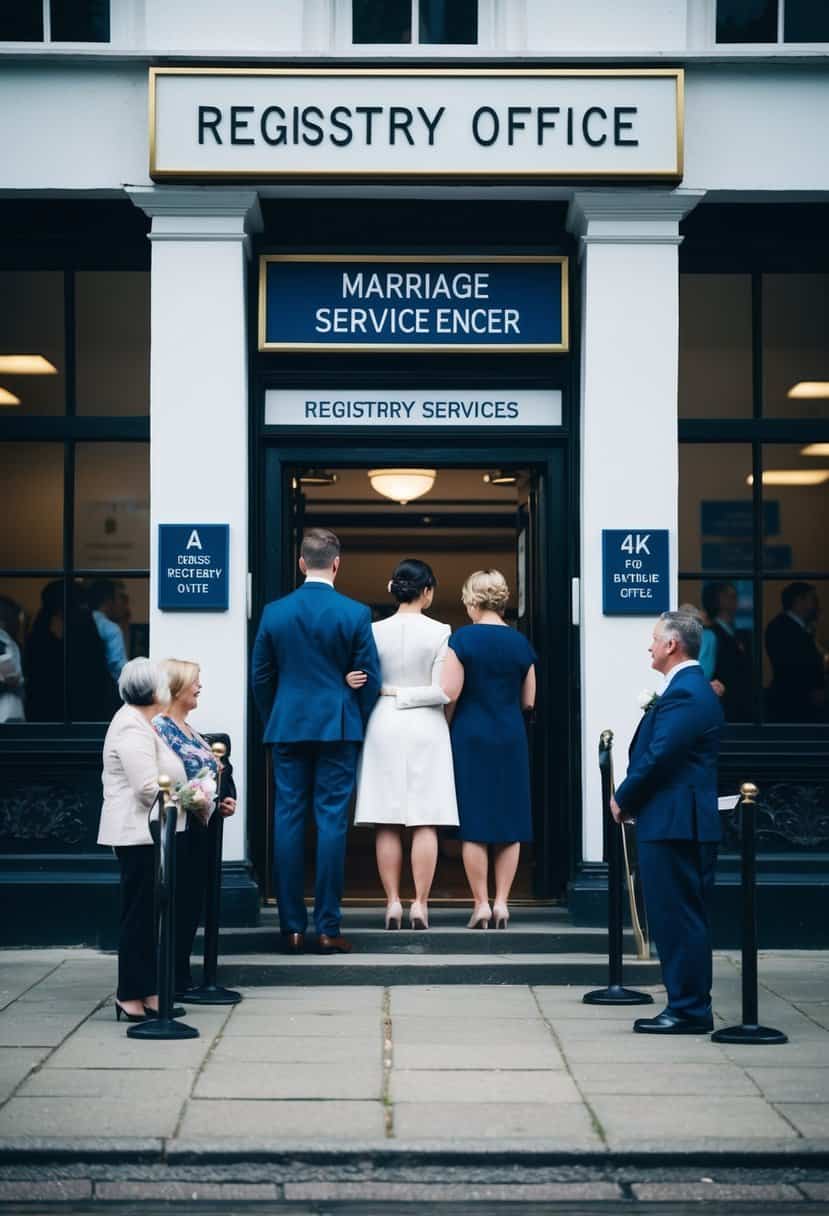 A couple stands before a registry office with a sign displaying marriage services. A small queue forms outside the entrance