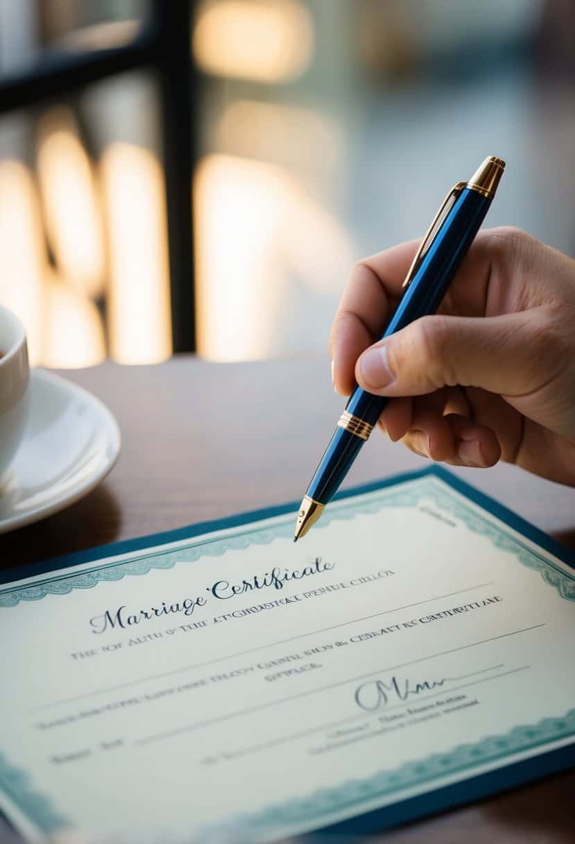 A pen hovering over a marriage certificate on a table, with a signature line waiting to be filled in