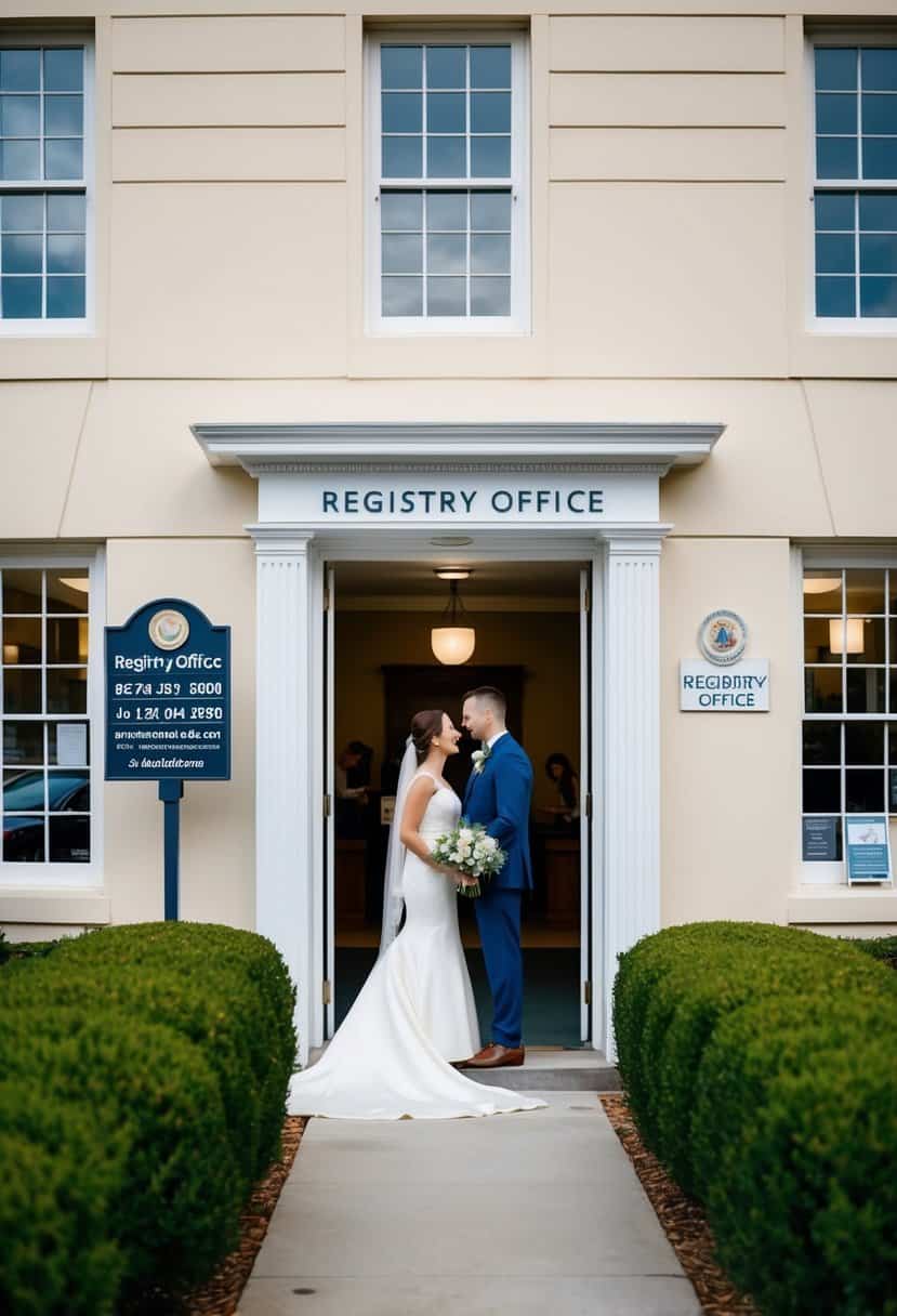 A couple stands at the entrance of a registry office, surrounded by a simple yet elegant building with a sign displaying the office hours and contact information