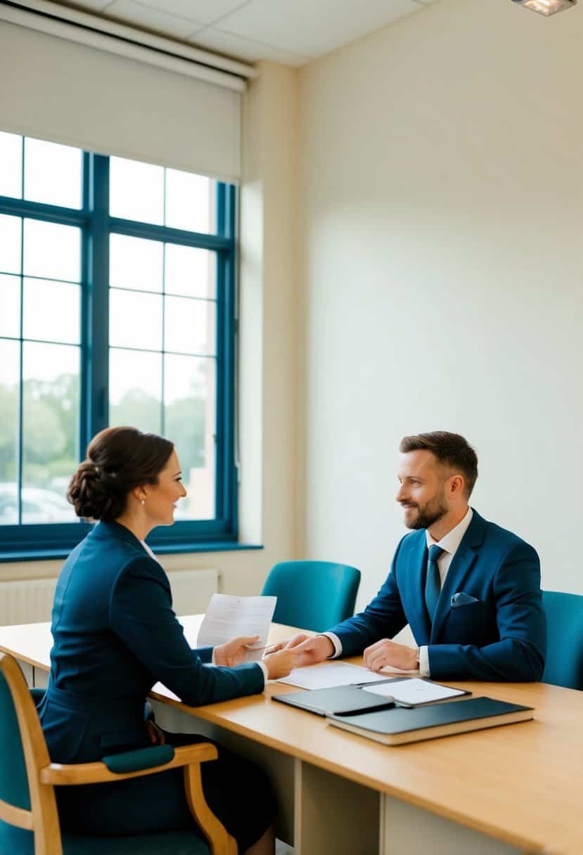 A couple sits at a registry office desk, discussing wedding costs with a clerk. The room is simple and functional, with a large window letting in natural light