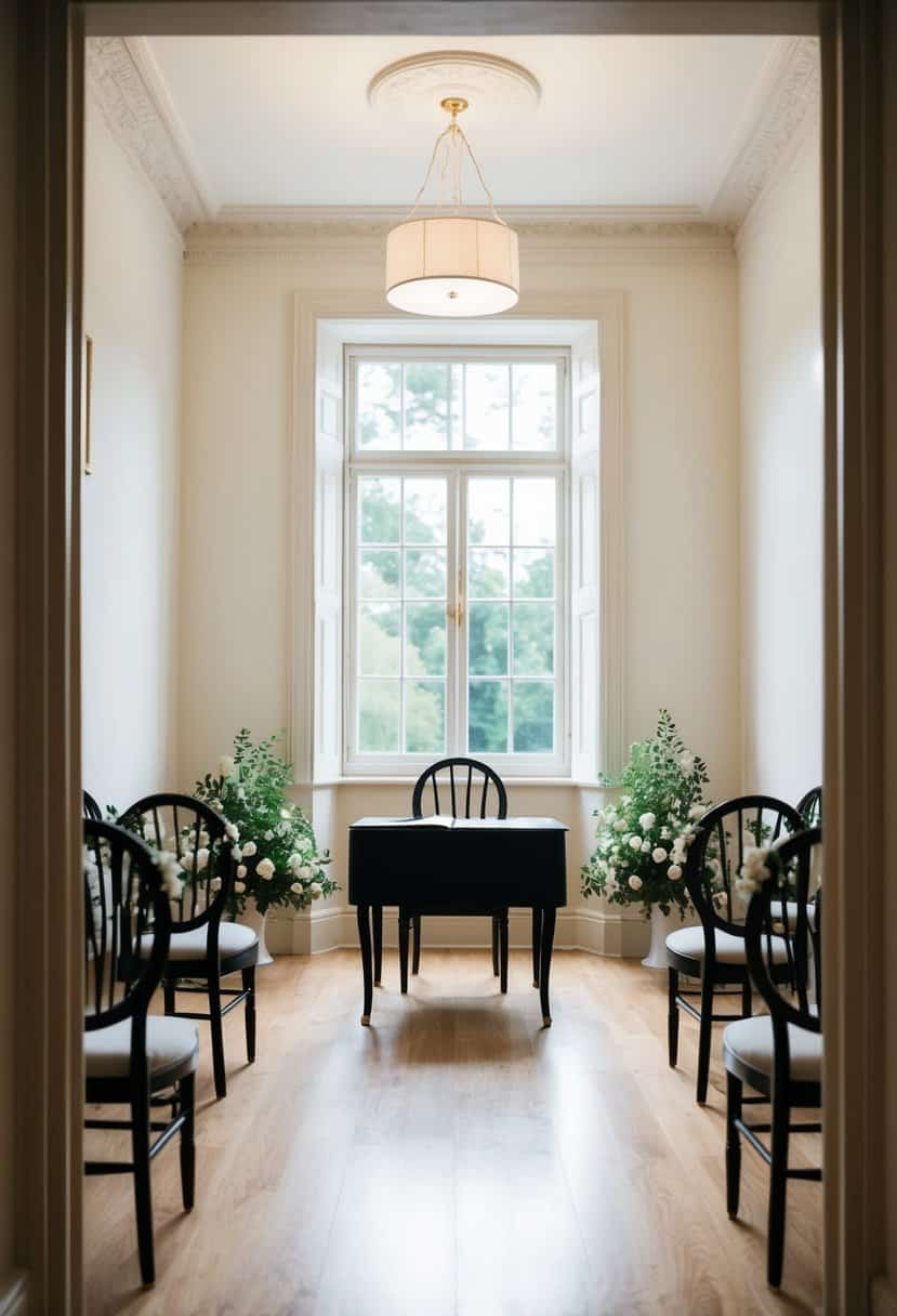 A simple, elegant registry office with a small ceremony room, a table for signing documents, and chairs for guests