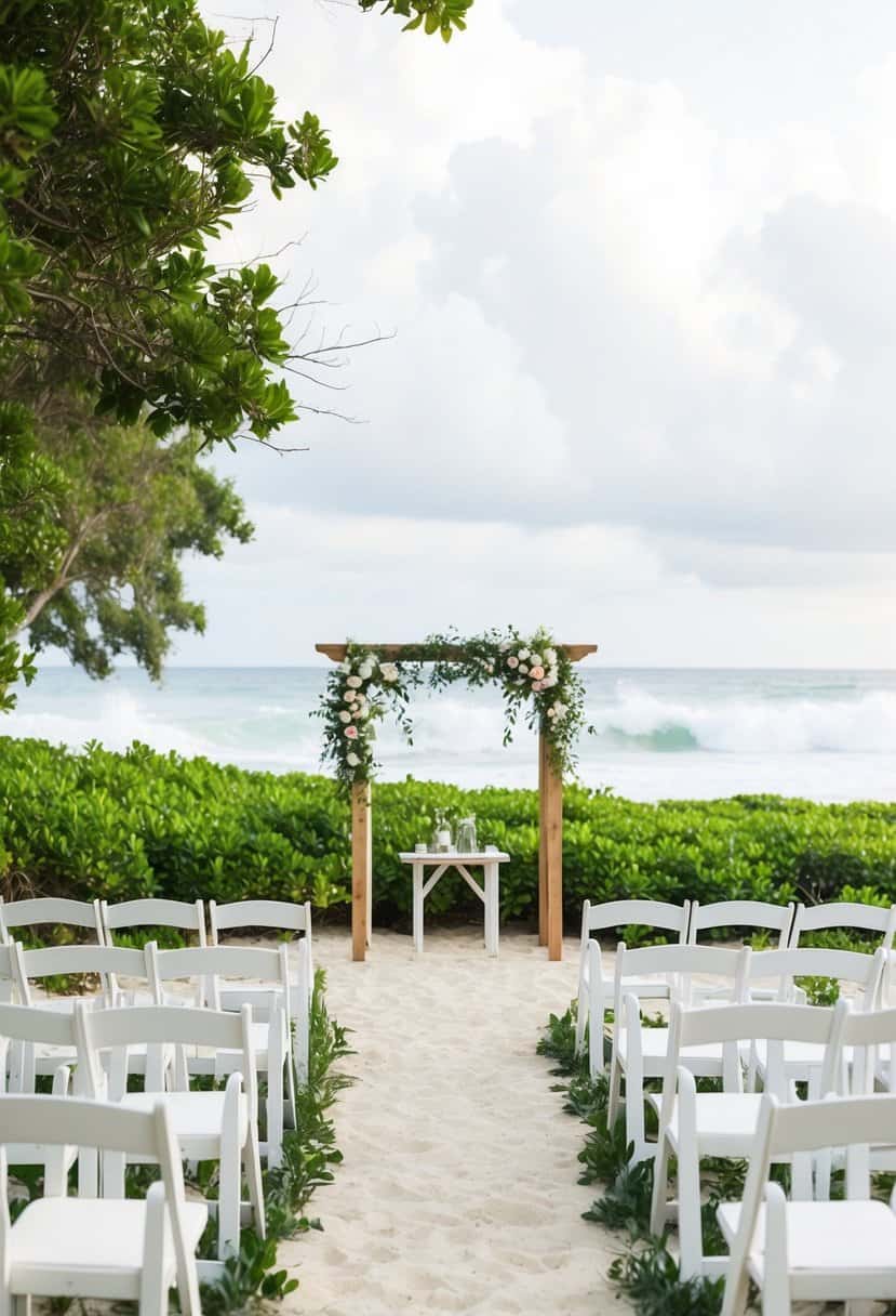 A serene beach setting with a simple wooden altar and white chairs arranged in rows, surrounded by lush greenery and the sound of crashing waves