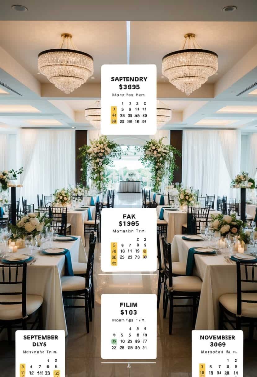 A luxurious wedding venue surrounded by elegant vendors. Prices fluctuate on a calendar, with highlighted dates indicating peak pricing