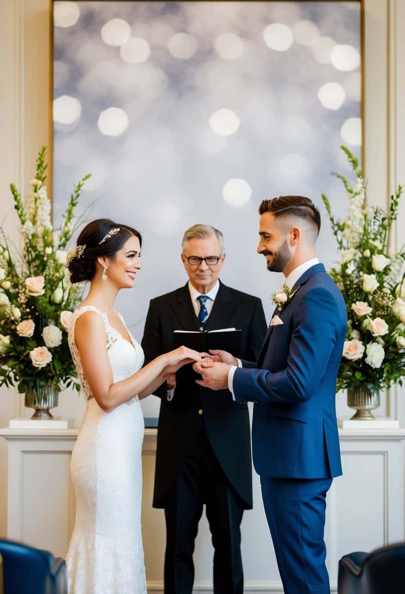 A couple stands before a registrar at a registry office, exchanging vows in front of a simple yet elegant backdrop of flowers and decorative accents