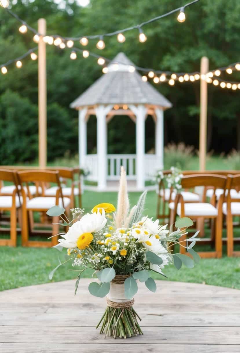 A rustic outdoor setting with simple decor, string lights, and wildflower bouquets. A small gazebo or barn serves as the ceremony backdrop