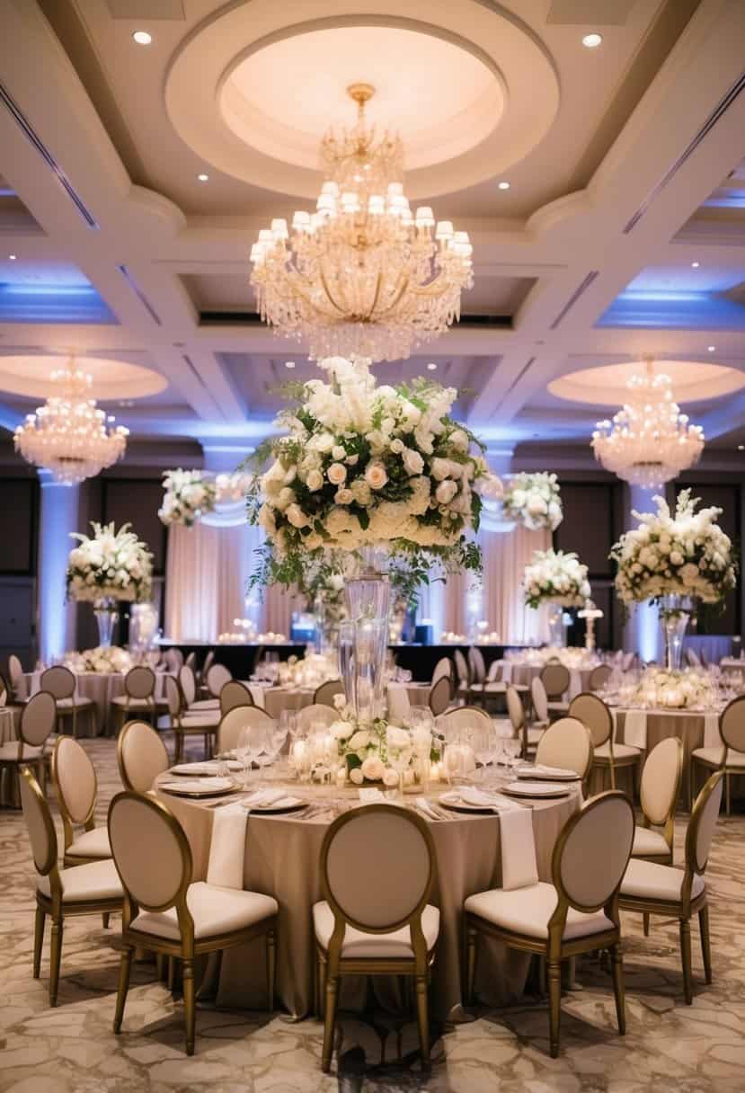 A lavish wedding reception with opulent decor and extravagant services, set on a Saturday evening