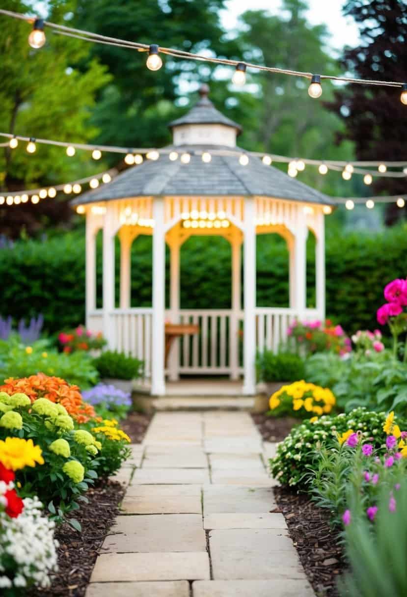 A quaint outdoor garden with string lights and a gazebo, surrounded by colorful flowers and foliage