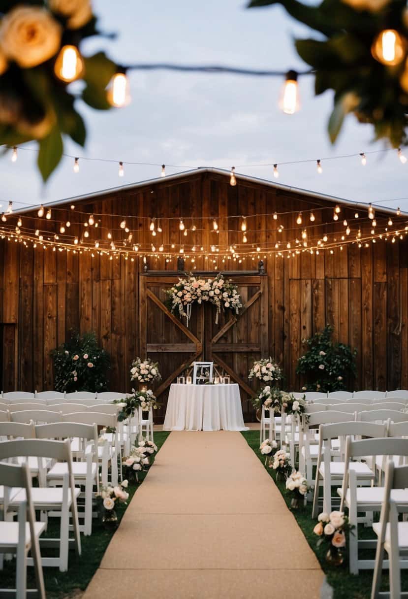 A rustic barn wedding venue with string lights and floral decor